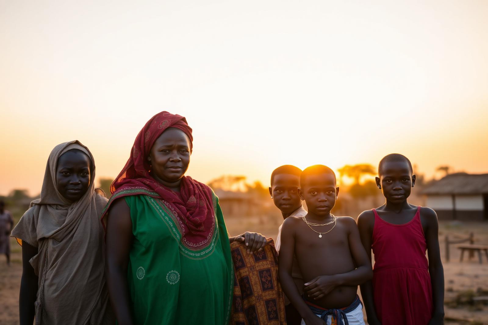 South Sudanese women, youth and children standing together in a village